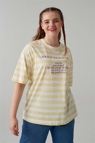 LILY Yuvarlak Yaka Baskılı Kadın çizgili T-shirt