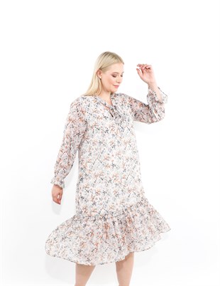 RAMONA - Elbise Çiçek desenli,v yaka,fırfır detaylı,astarlı
