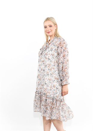 RAMONA - Elbise Çiçek desenli,v yaka,fırfır detaylı,astarlı