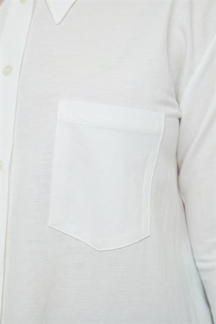 ROMA  Klasik Yaka Cep Detaylı Asimetrik Kadın Gömlek Beyaz