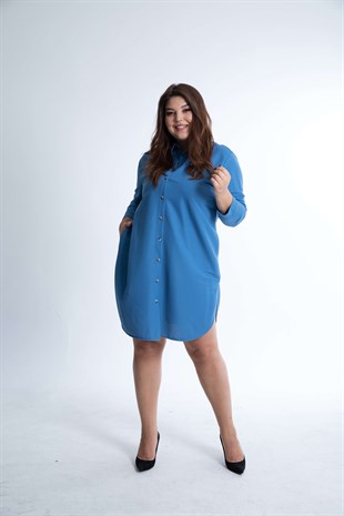 SİERA - Mavi Tunik Gömlek yaka,cep detaylı,düğmeli