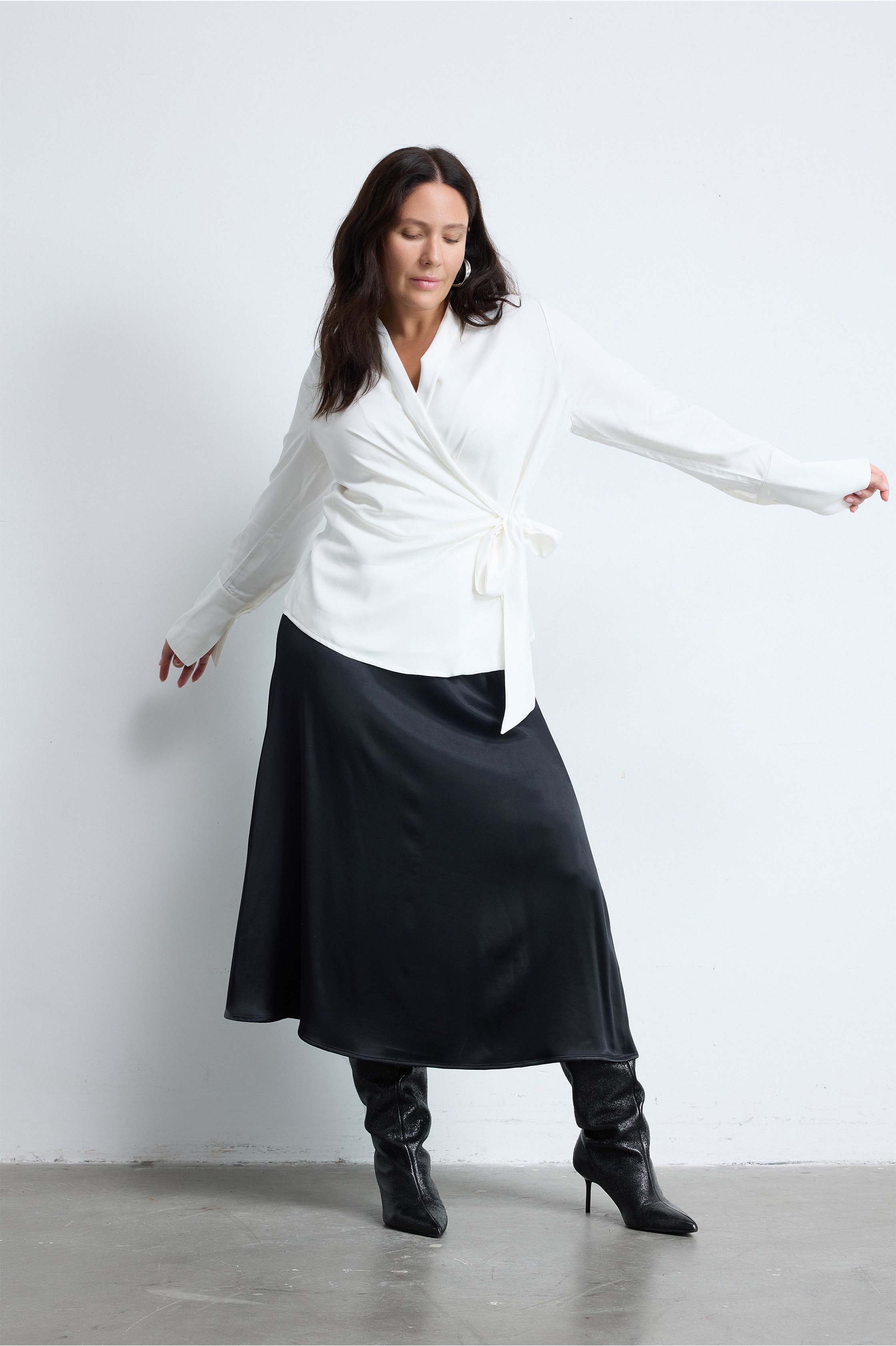 AMY Draped Plus Size Cream Satin Blouse