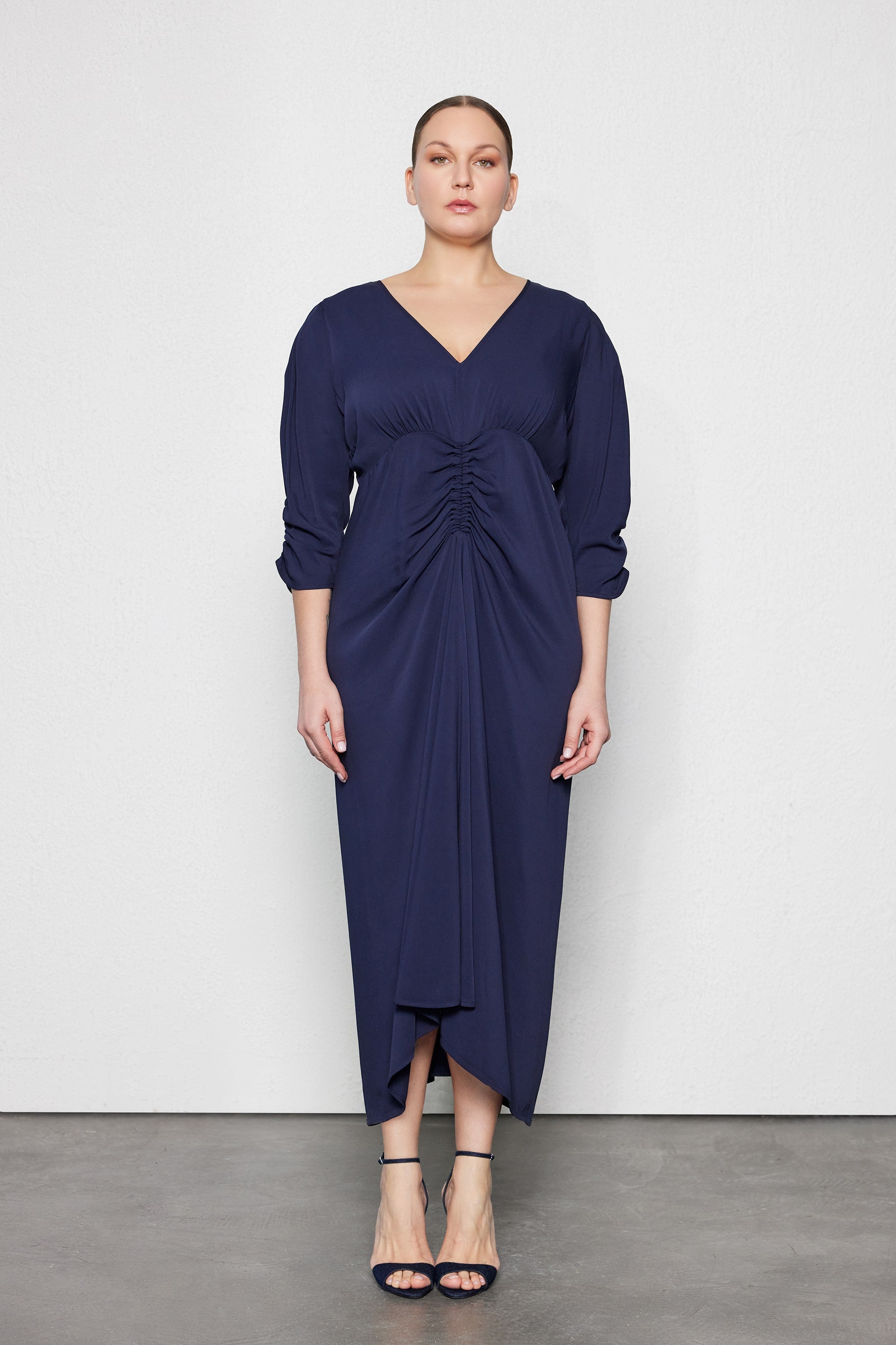 CELISA Ruched Plus Size Navy Midi Dress  