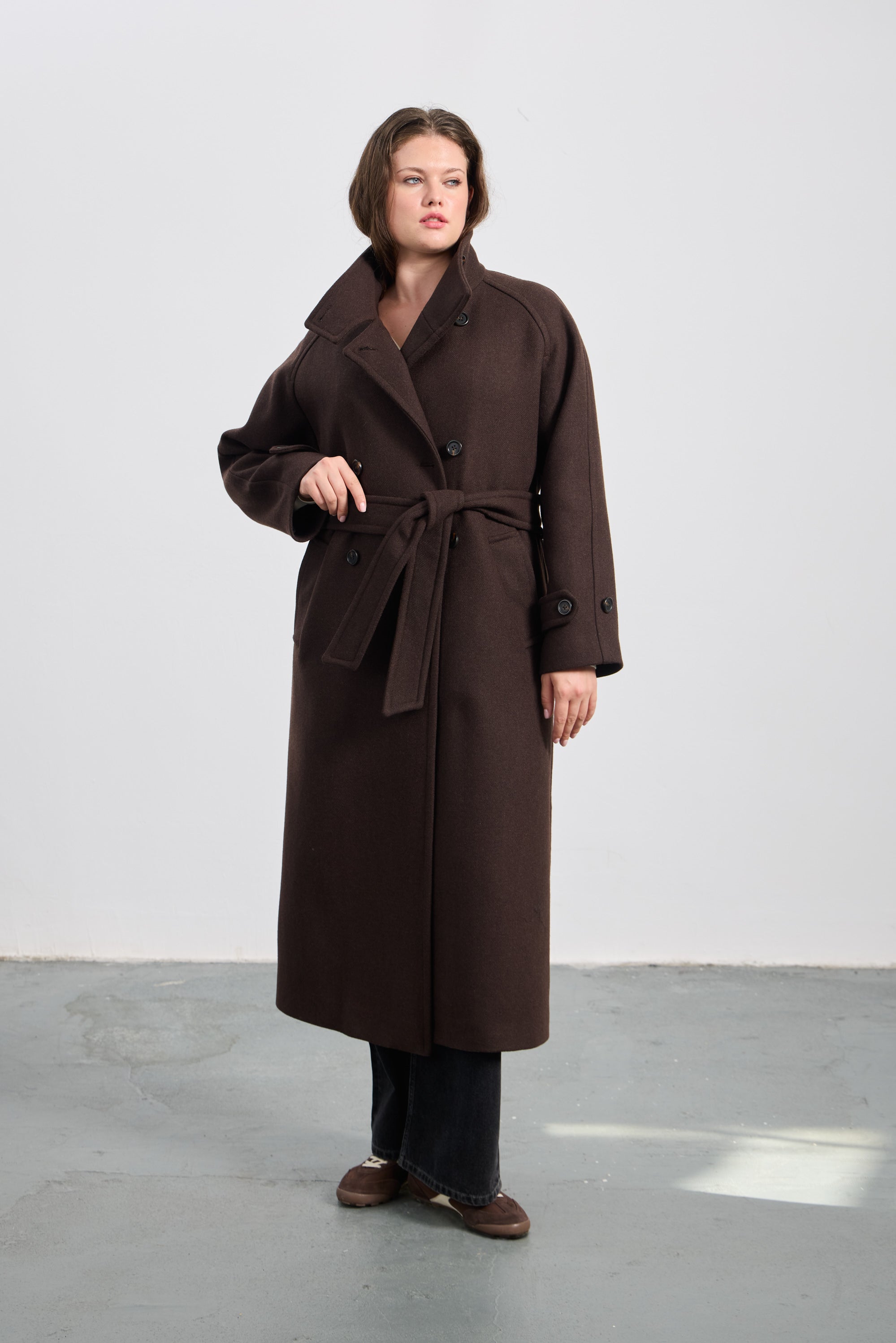 CIMON  Yünlü Dik Yaka Uzun Kaban Kahverengi