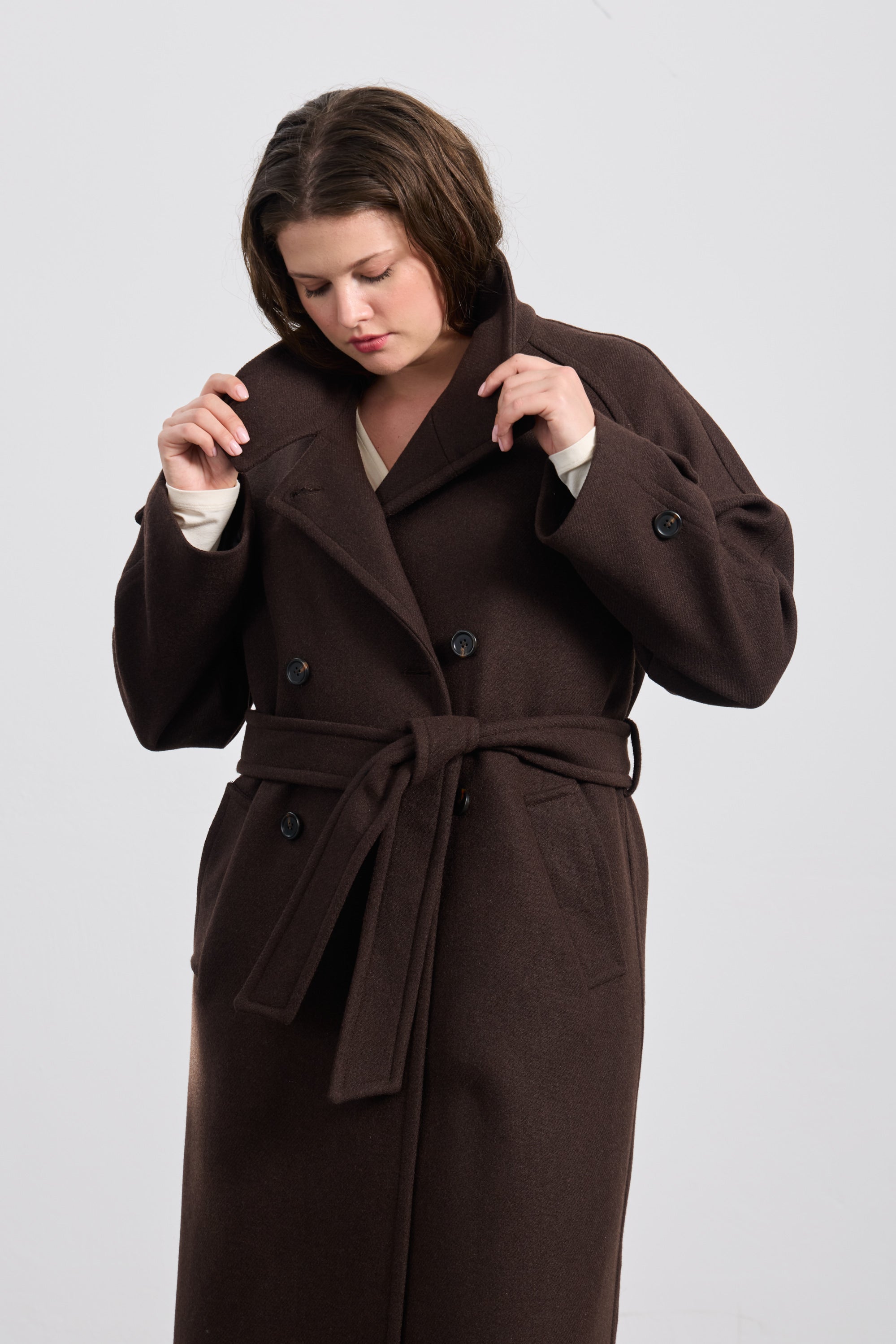 CIMON  Yünlü Dik Yaka Uzun Kaban Kahverengi