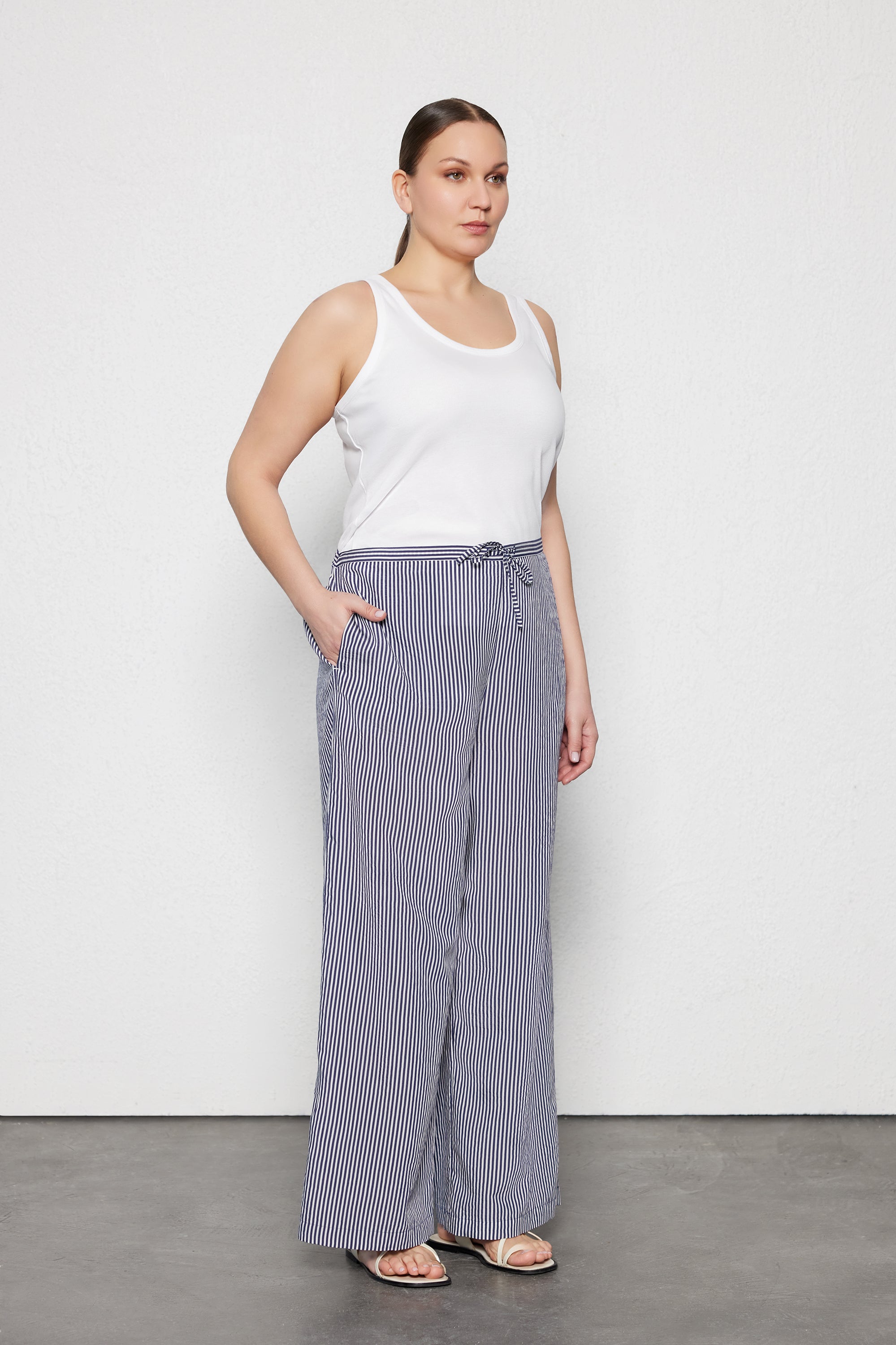CORINNA Büyük Beden Çizgili Poplin Pantolon Siyah-Beyaz