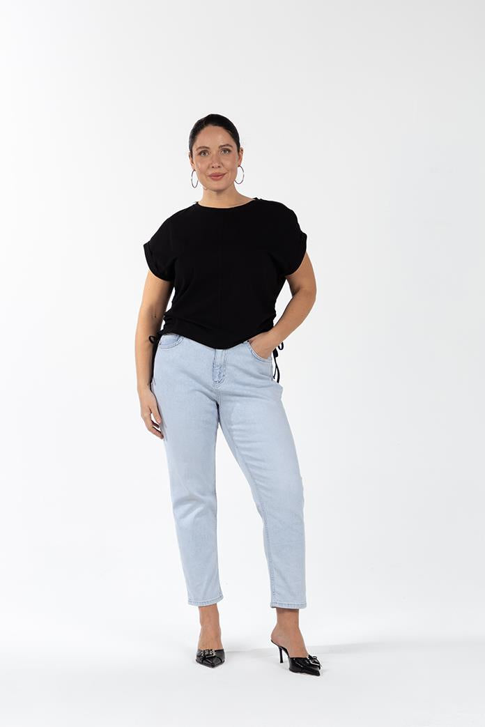 DARIA Bisiklet Yaka Yandan Büzgülü Pamuklu Büyük Beden T-shirt Siyah | Luokk