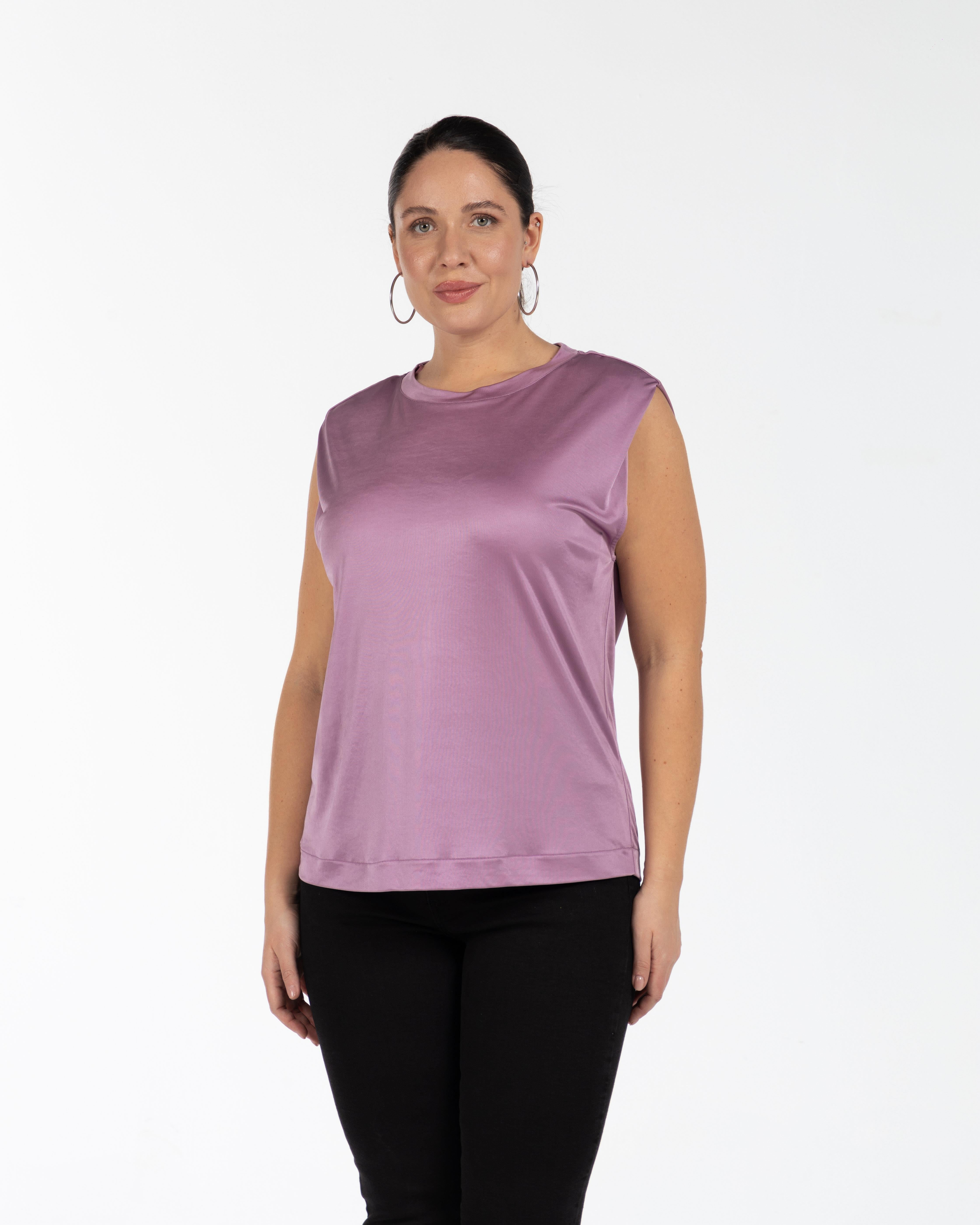 DOLLY Bisiklet Yaka Düşük Omuzlu Büyük Beden Kolsuz Parlak T-shirt Lila | Luokk