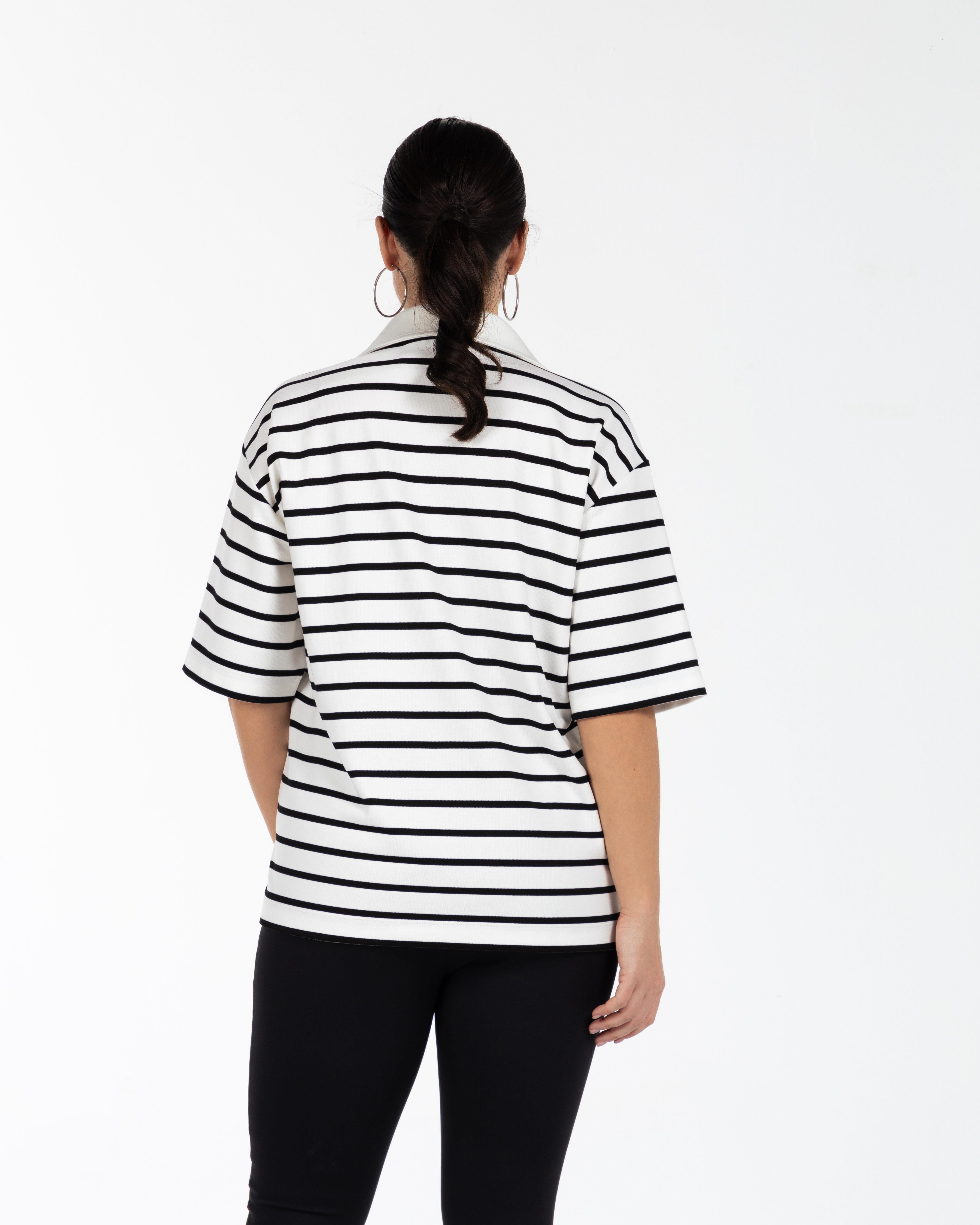 EDITH Polo Yaka Büyük Beden Siyah Çizgili T-shirt Ekru-Siyah | Luokk