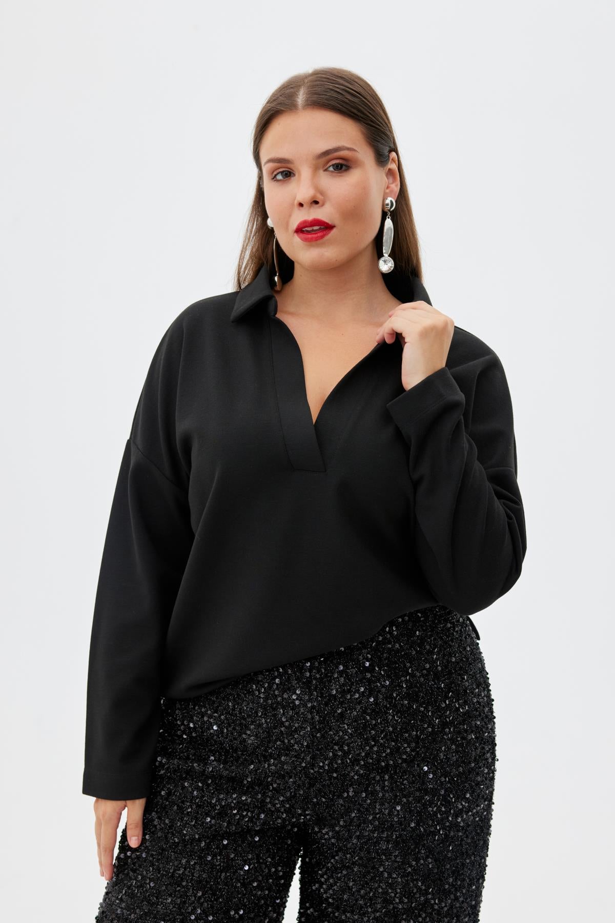 ELIZA Polo Yaka Büyük Beden Uzun Kollu Sweatshirt Siyah | Luokk