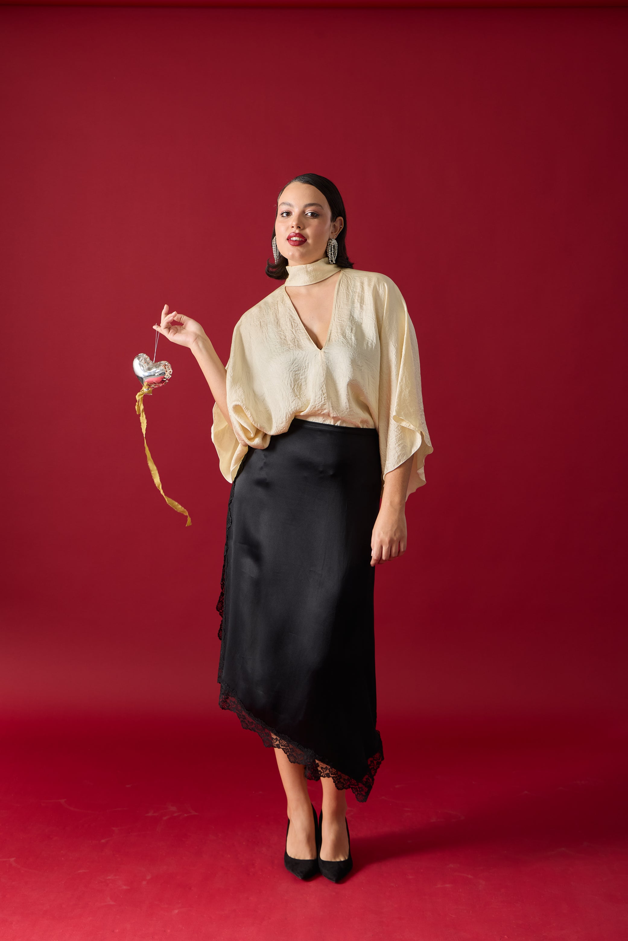 GIO Dantel Detaylı Midi Saten Etek Siyah