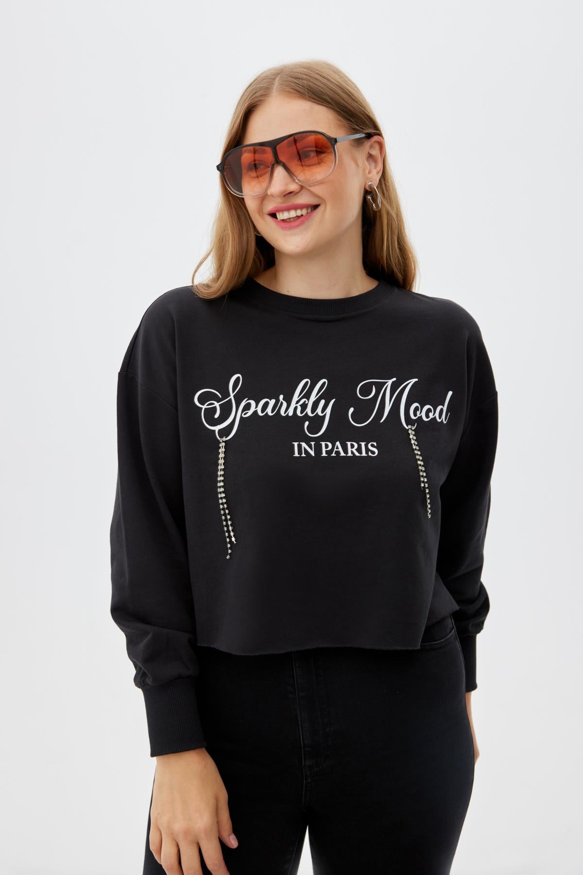 GOLDIE Bisiklet Yaka %100 Organik Pamuk Baskılı Taş Detaylı Büyük Beden Sweatshirt Siyah | Luokk