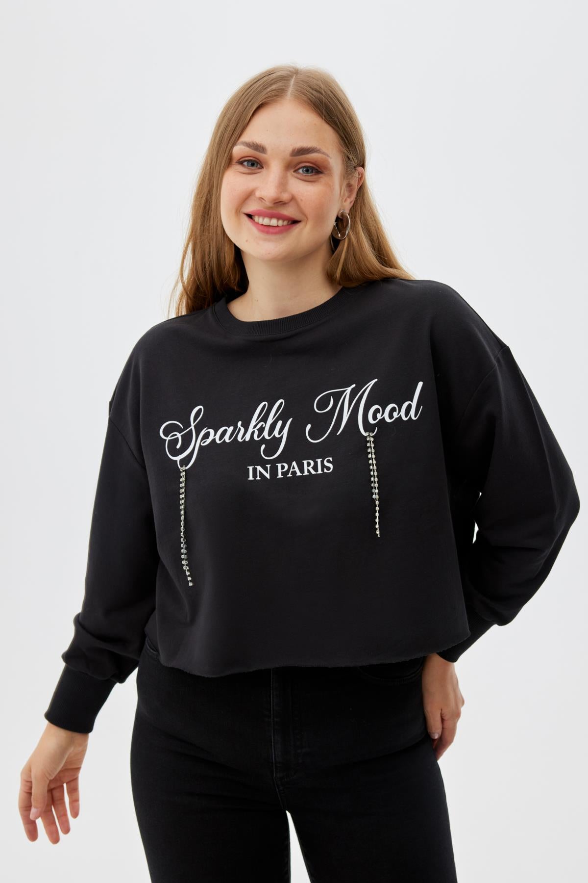GOLDIE Bisiklet Yaka %100 Organik Pamuk Baskılı Taş Detaylı Büyük Beden Sweatshirt Siyah | Luokk