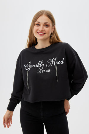 GOLDIE Bisiklet Yaka %100 Organik Pamuk Baskılı Taş Detaylı Büyük Beden Sweatshirt Siyah | Luokk