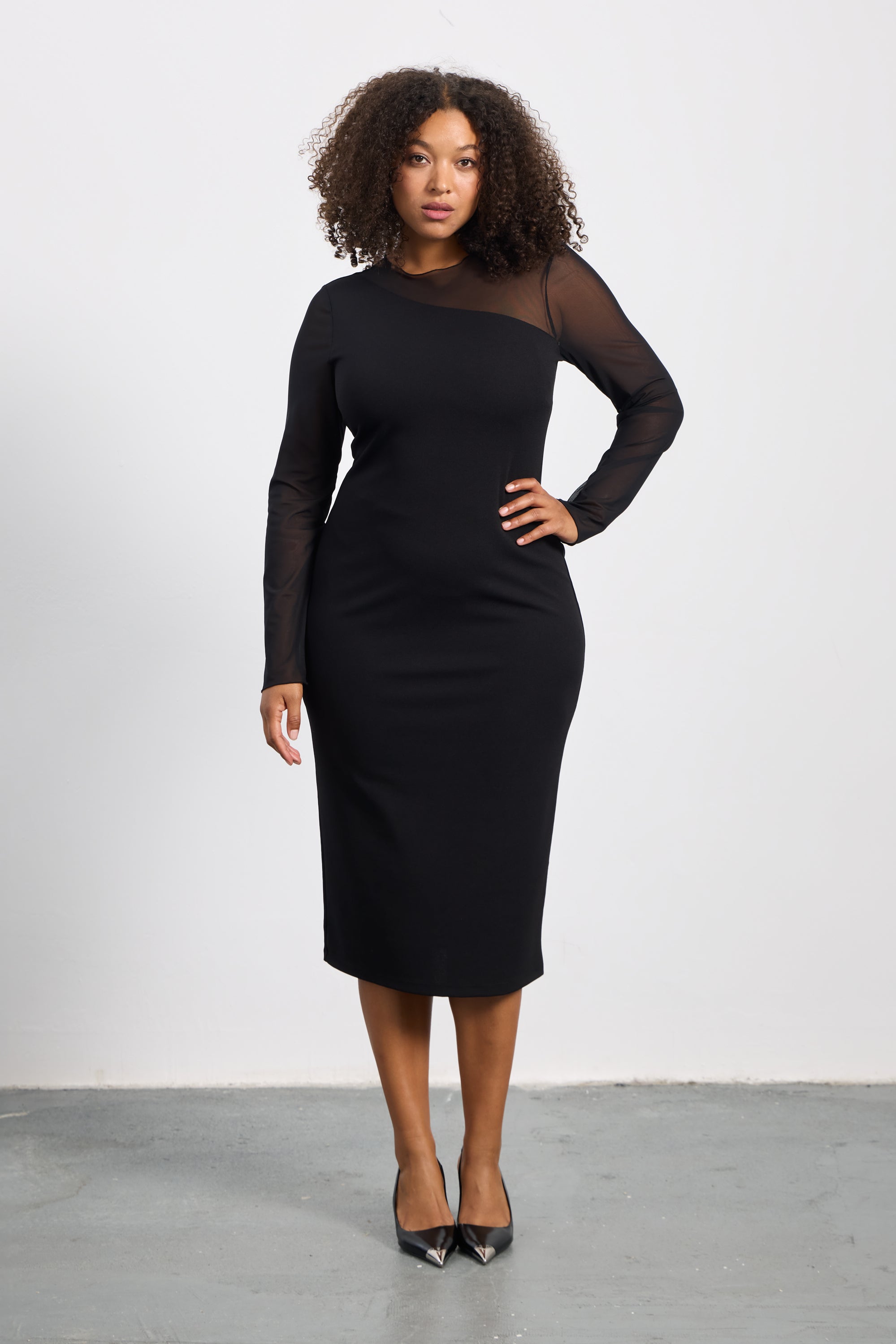JASMIN Plus Size Black Midi Dress with Sheer Sleeves