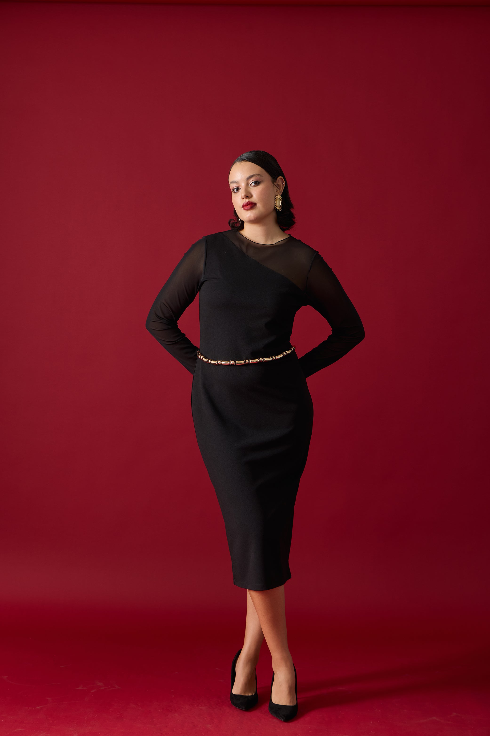 JASMIN Asimetrik Yaka Transparan Kollu Büyük Beden Midi Elbise Siyah