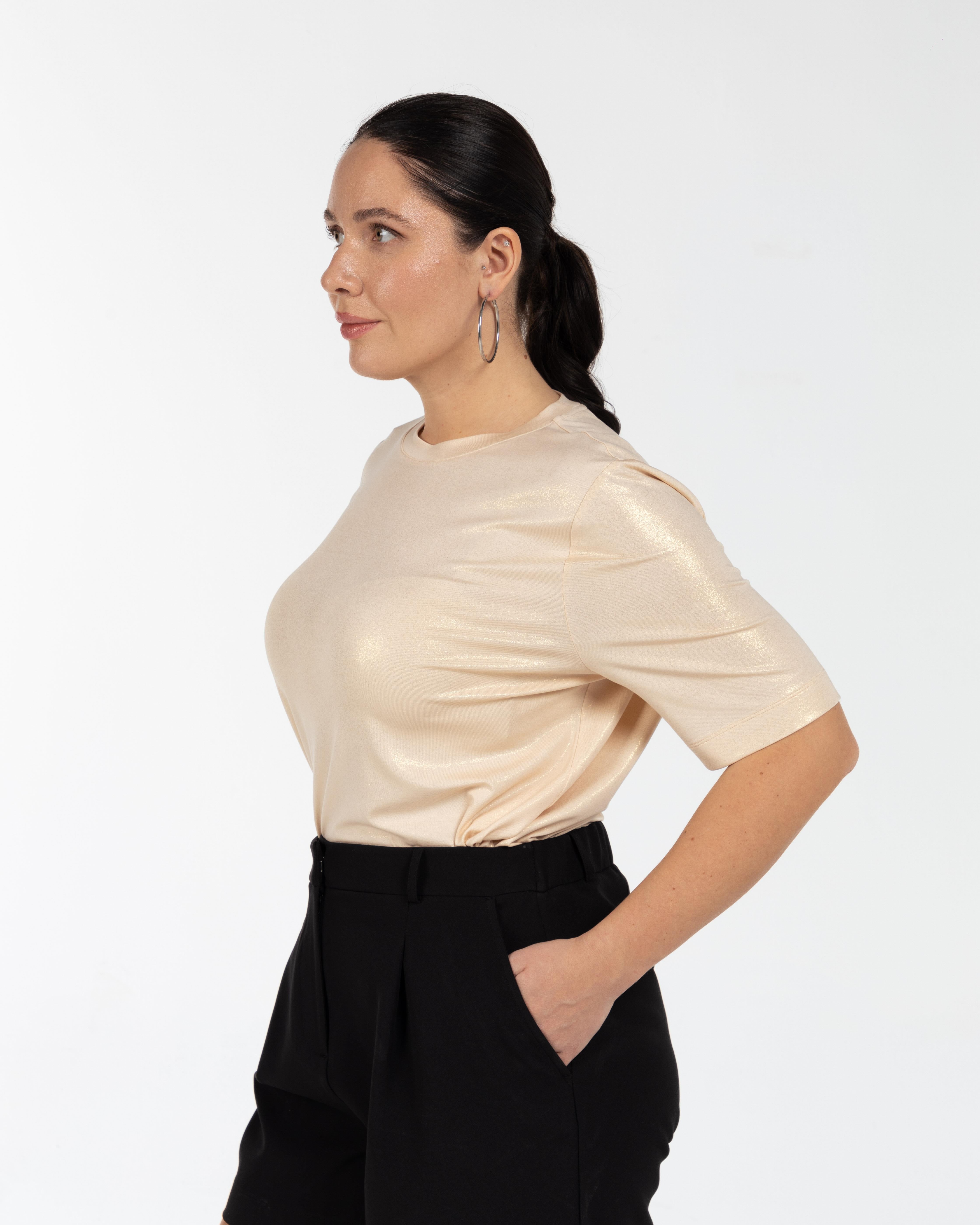 JASMINE Bisiklet Yaka Varak Baskılı Büyük Beden T-shirt Bej | Luokk