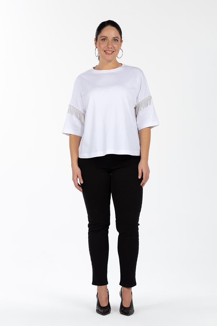 JOAN Yuvarlak Yaka Taşlı Zincir Detaylı %100 Organik Pamuk Büyük Beden Beyaz T-Shirt Beyaz