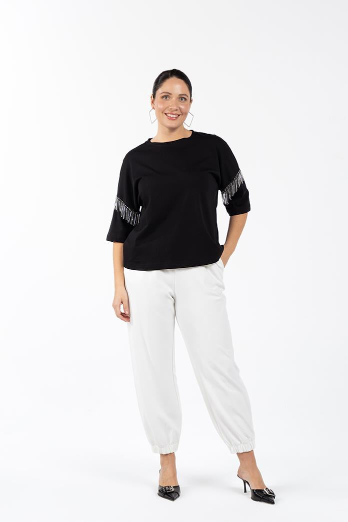 JOAN Yuvarlak Yaka Taşlı Zincir Detaylı %100 Organik Pamuk Büyük Beden Beyaz T-Shirt Siyah