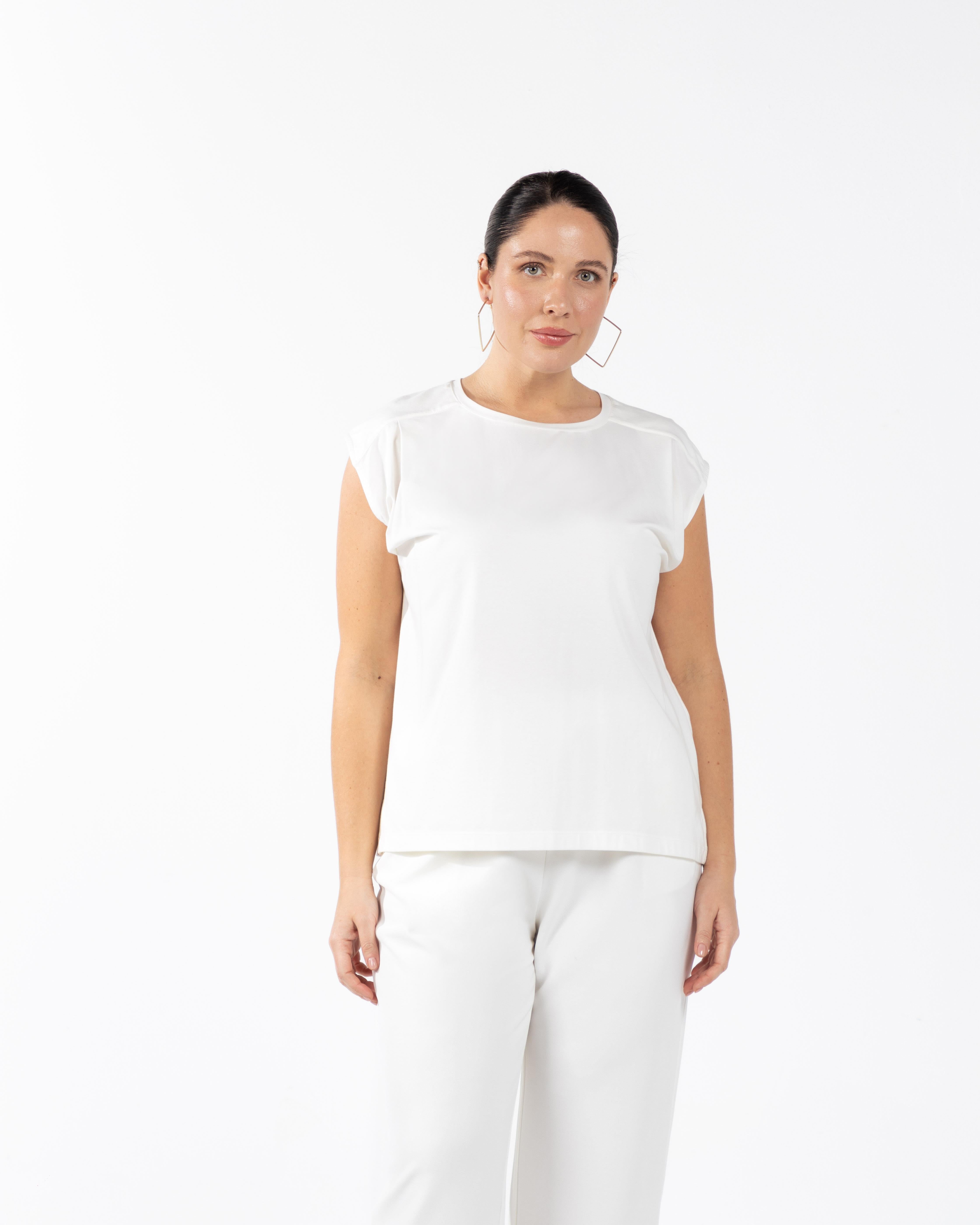 LOU Bisiklet Yaka Yırtmaç Detaylı Pamuklu Büyük Beden T-shirt Ekru | Luokk