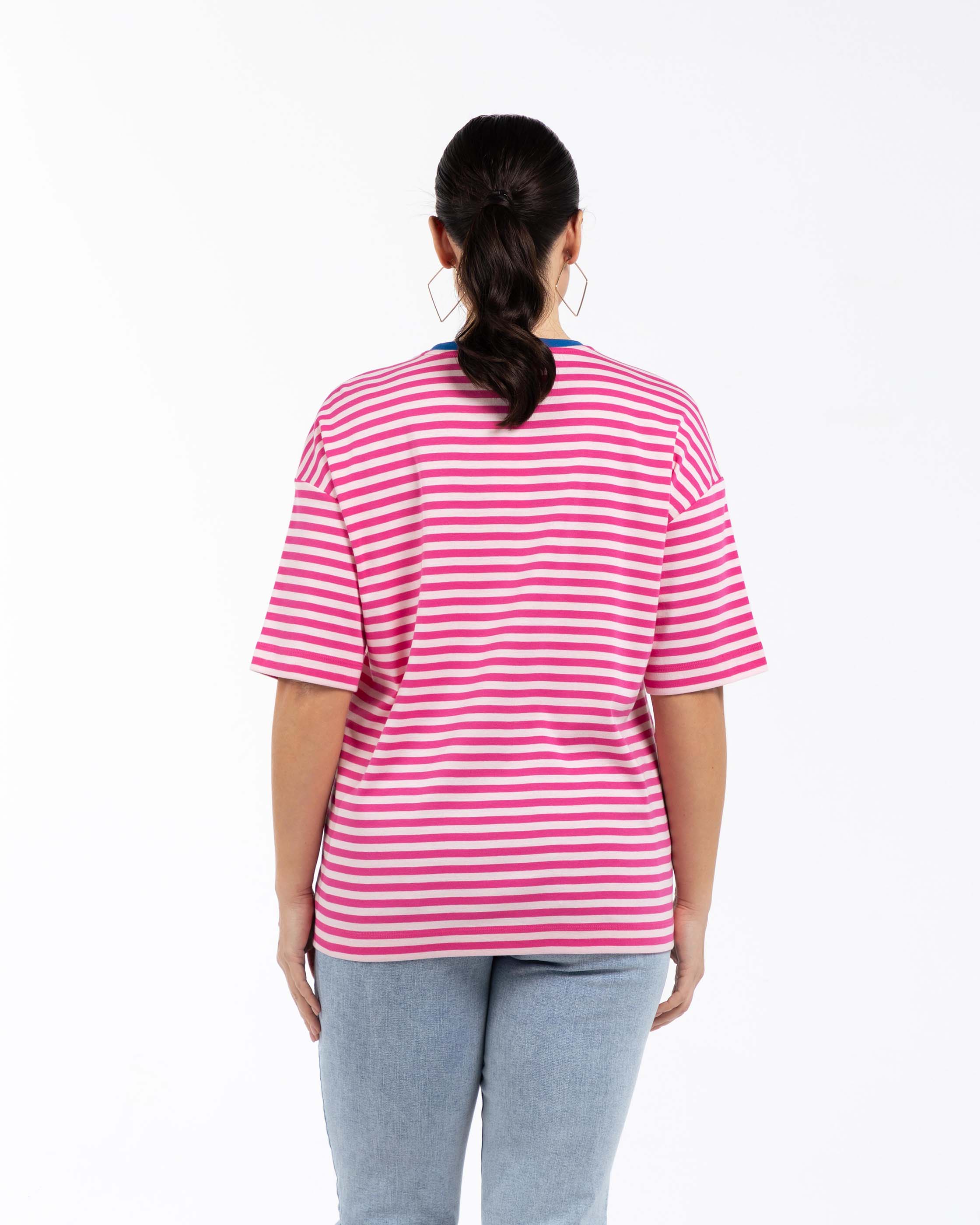 MILA Bisiklet Yaka %100 Pamuk Oversize Büyük Beden Çizgili T-shirt Pembe