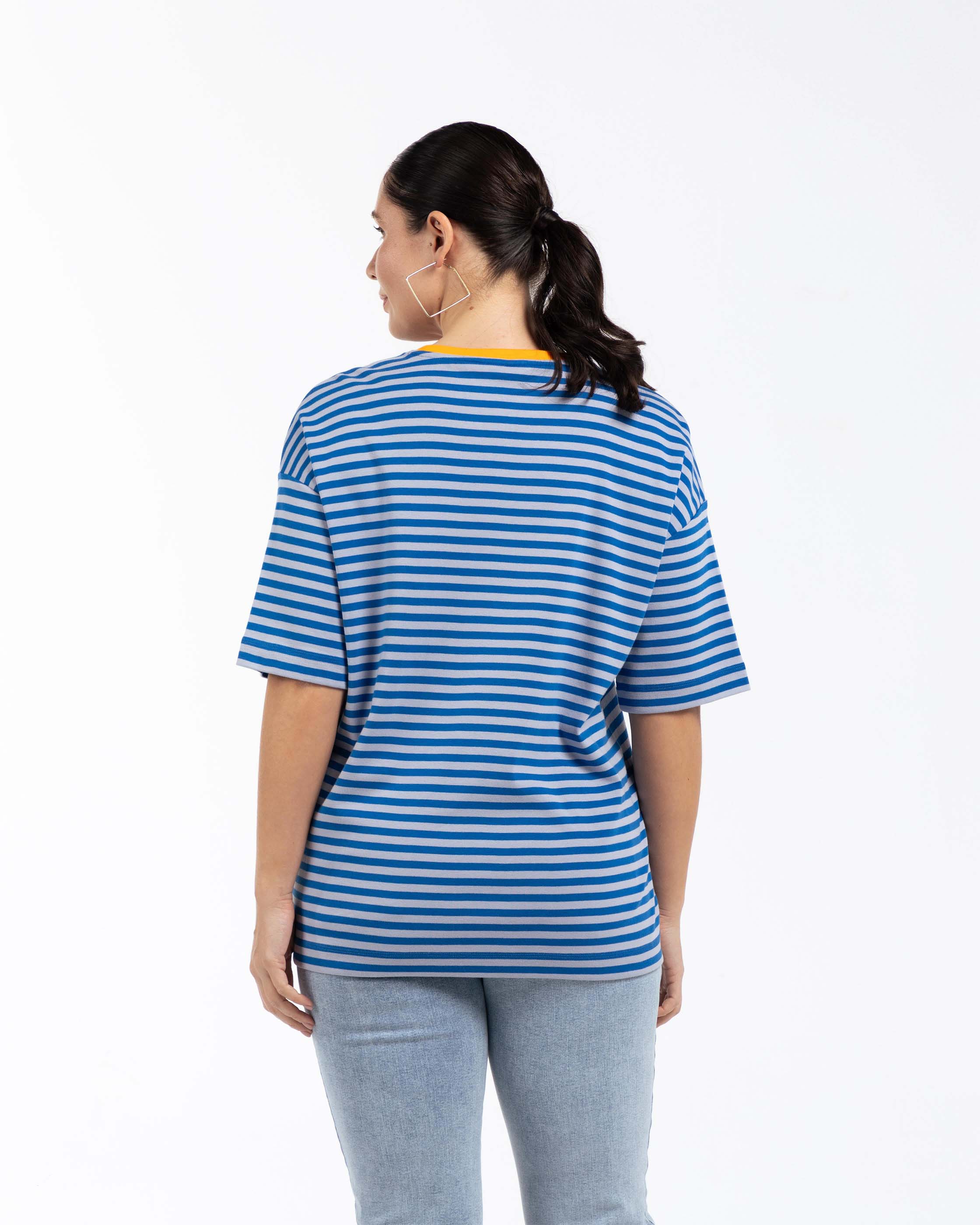 MILA Bisiklet Yaka %100 Pamuk Oversize Büyük Beden Çizgili T-shirt Sax