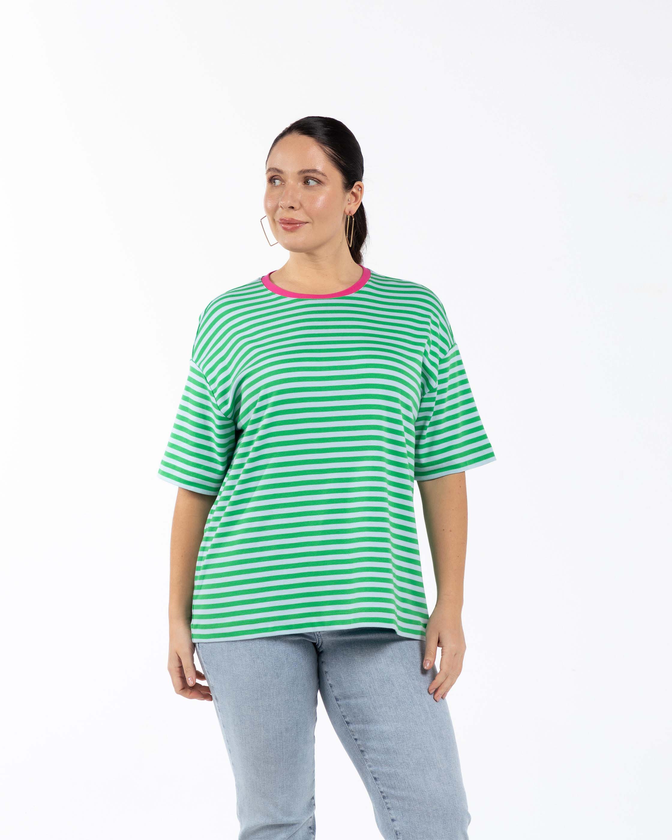 MILA Bisiklet Yaka %100 Pamuk Oversize Büyük Beden Çizgili T-shirt Yeşil