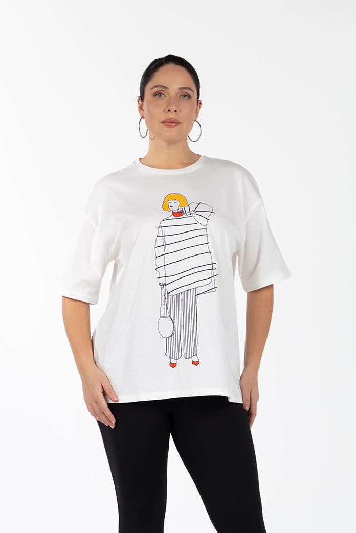 MINNIE Bisiklet Yaka Baskılı %100 Organik Pamuk Büyük Beden T-shirt Ekru | Luokk