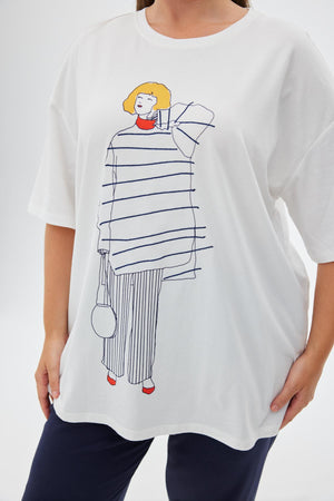 MINNIE Bisiklet Yaka Baskılı %100 Organik Pamuk Büyük Beden T-shirt Ekru | Luokk