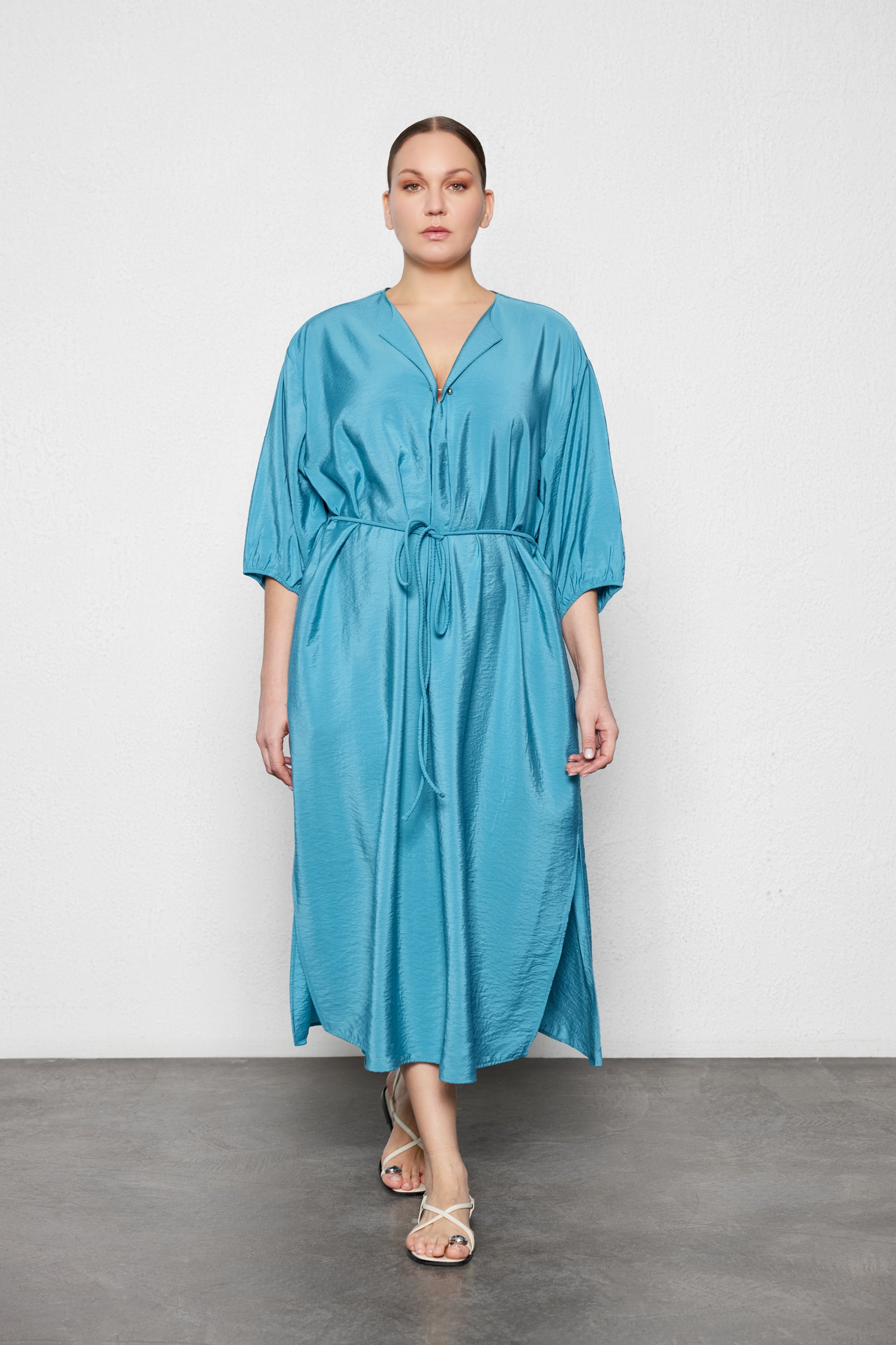 MIREYA Büyük Beden Maxi Kaftan Elbise Turkuaz