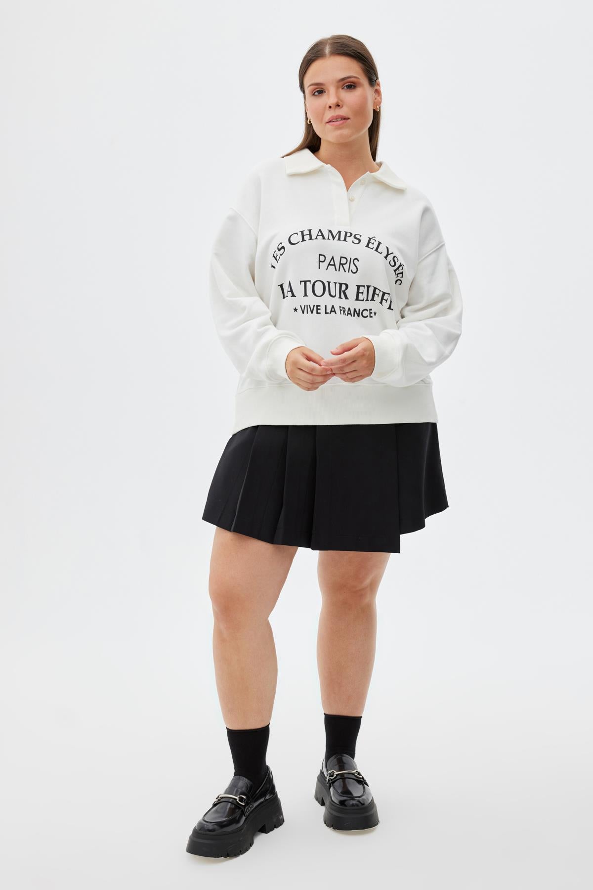 MUSSEL Polo Yaka Baskılı Pamuklu Büyük Beden Sweatshirt Ekru | Luokk