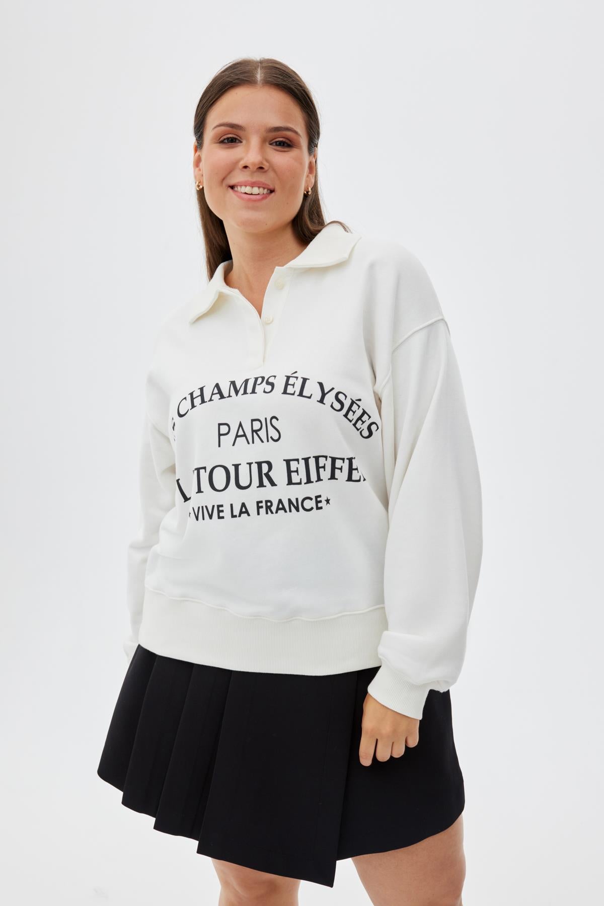 MUSSEL Polo Yaka Baskılı Pamuklu Büyük Beden Sweatshirt Ekru | Luokk