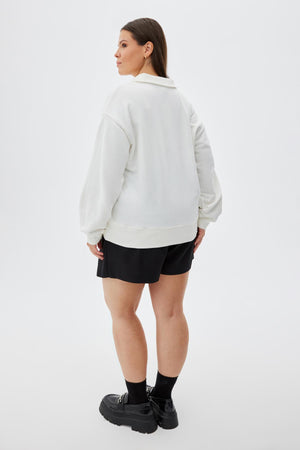 MUSSEL Polo Yaka Baskılı Pamuklu Büyük Beden Sweatshirt Ekru | Luokk