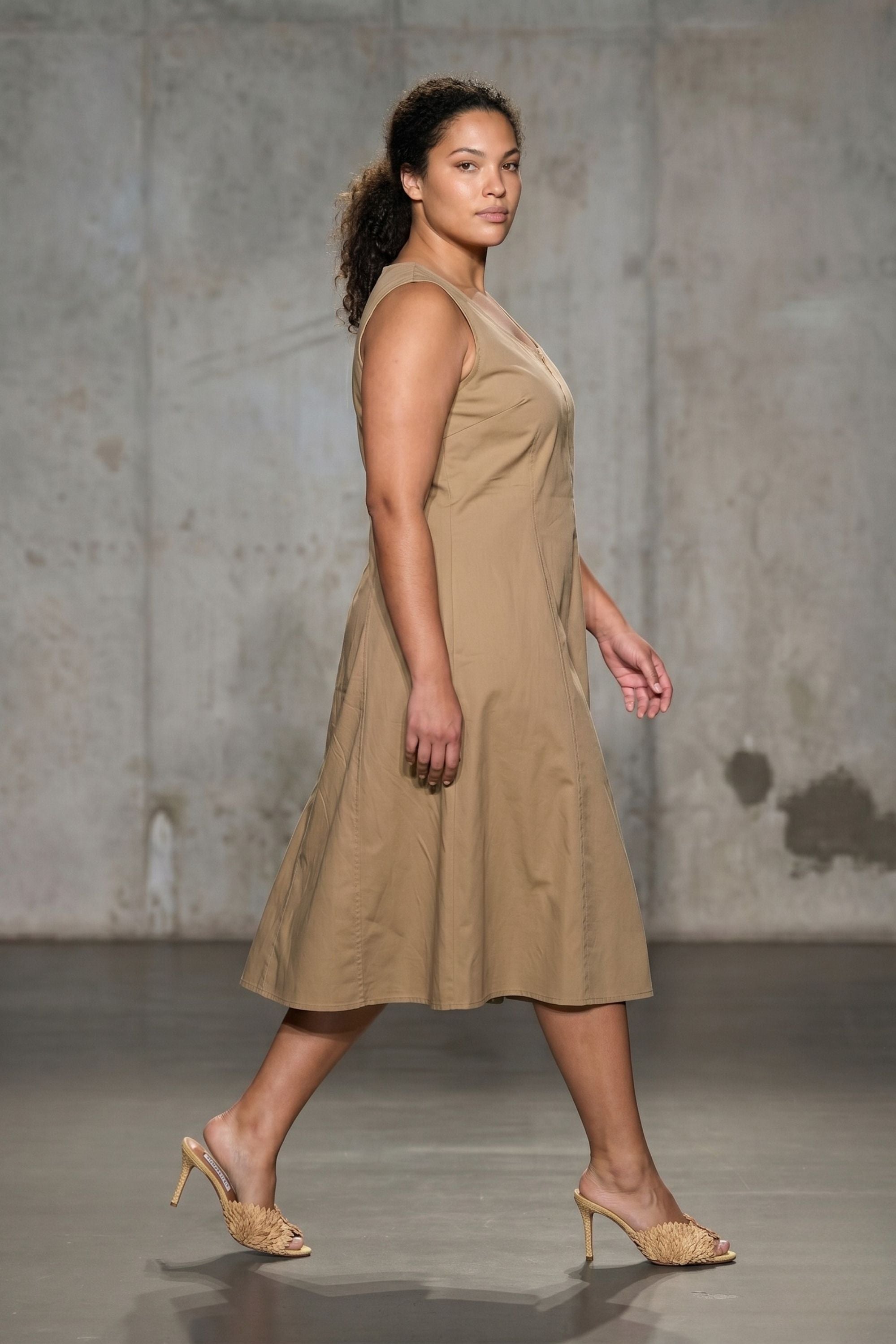ORIA Gabardin Midi Elbise Camel