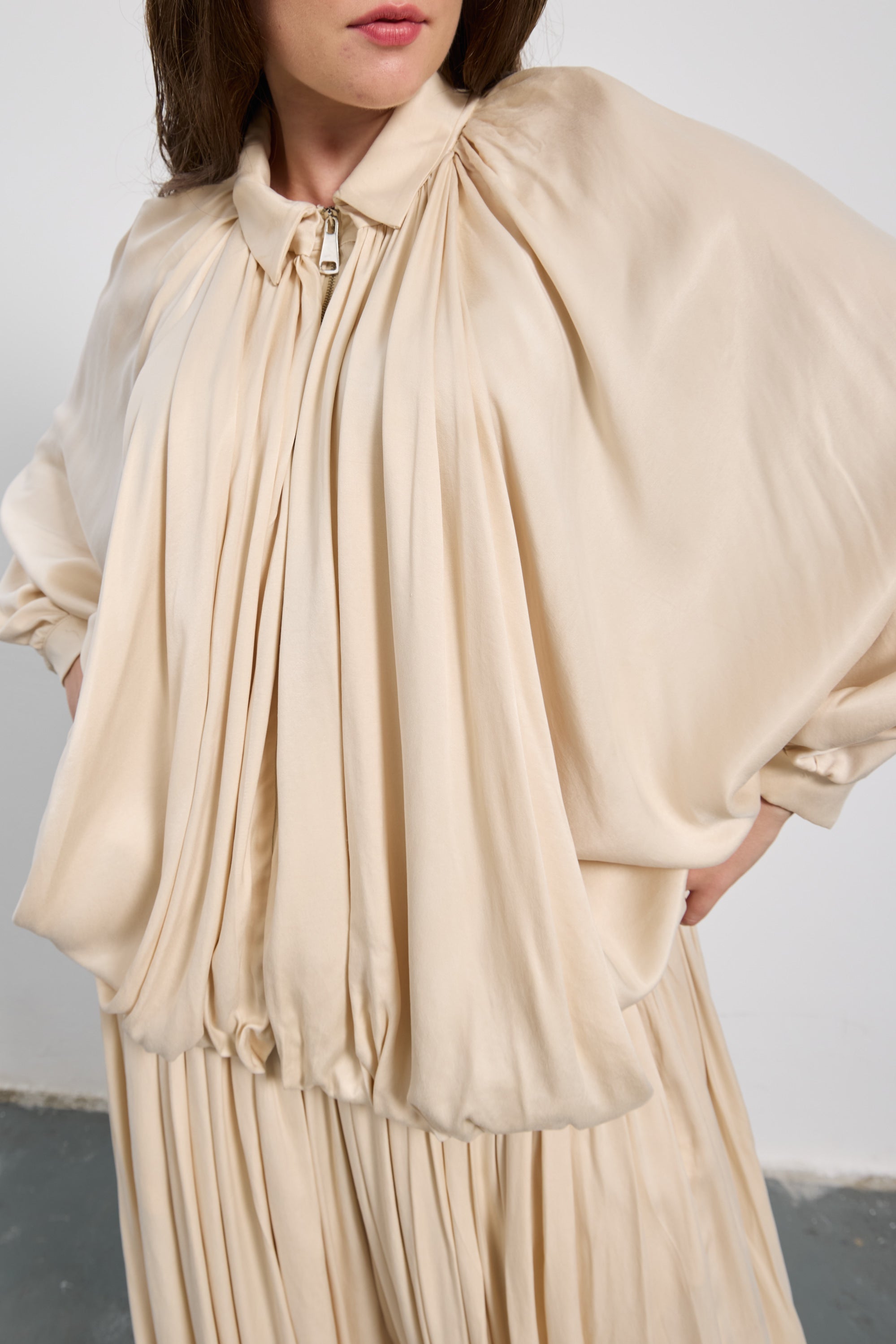 SERRES Saten Bomber Ceket Ekru