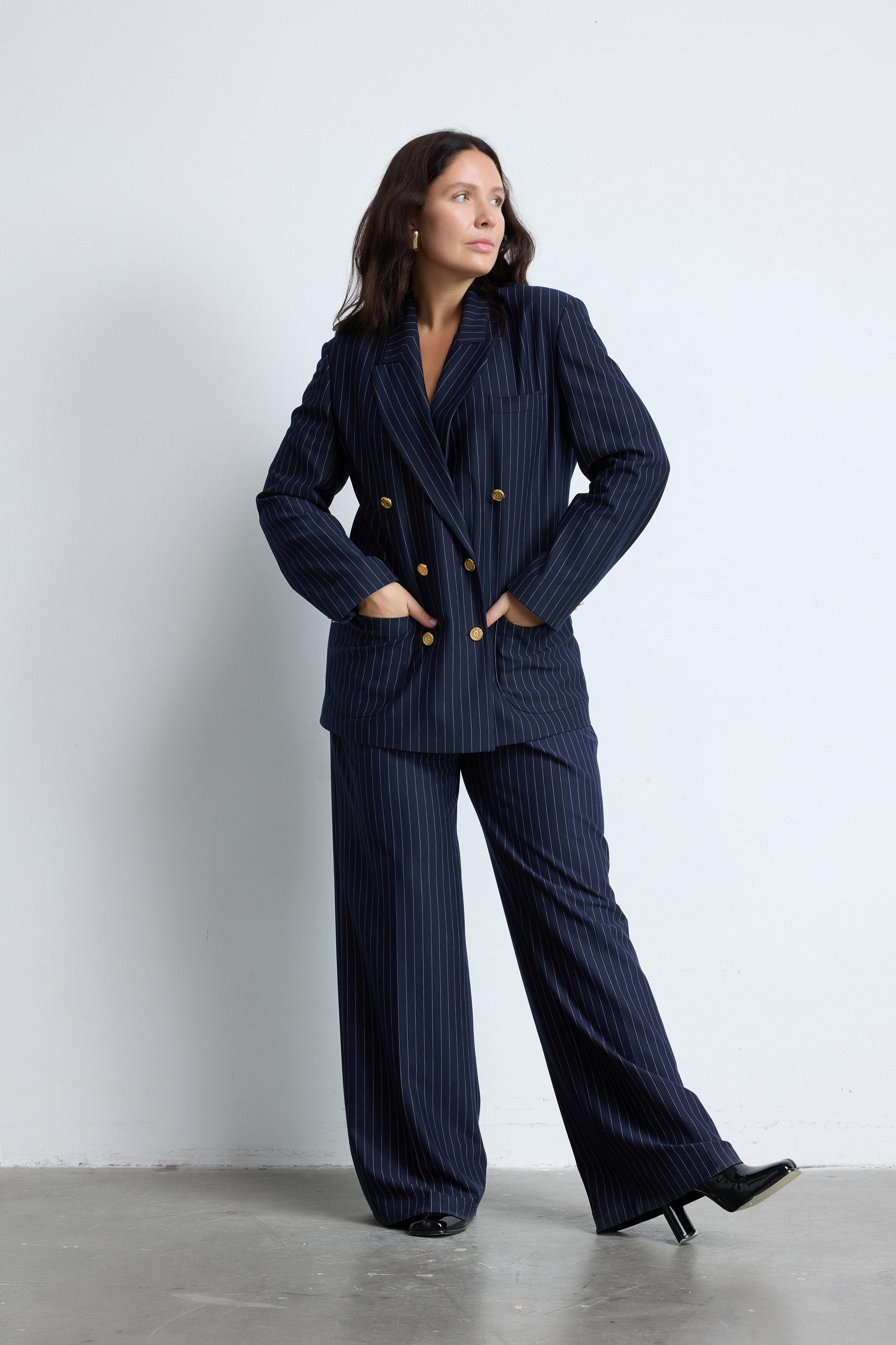 TAILORED Büyük Beden Çizgili Ceket Lacivert-Beyaz