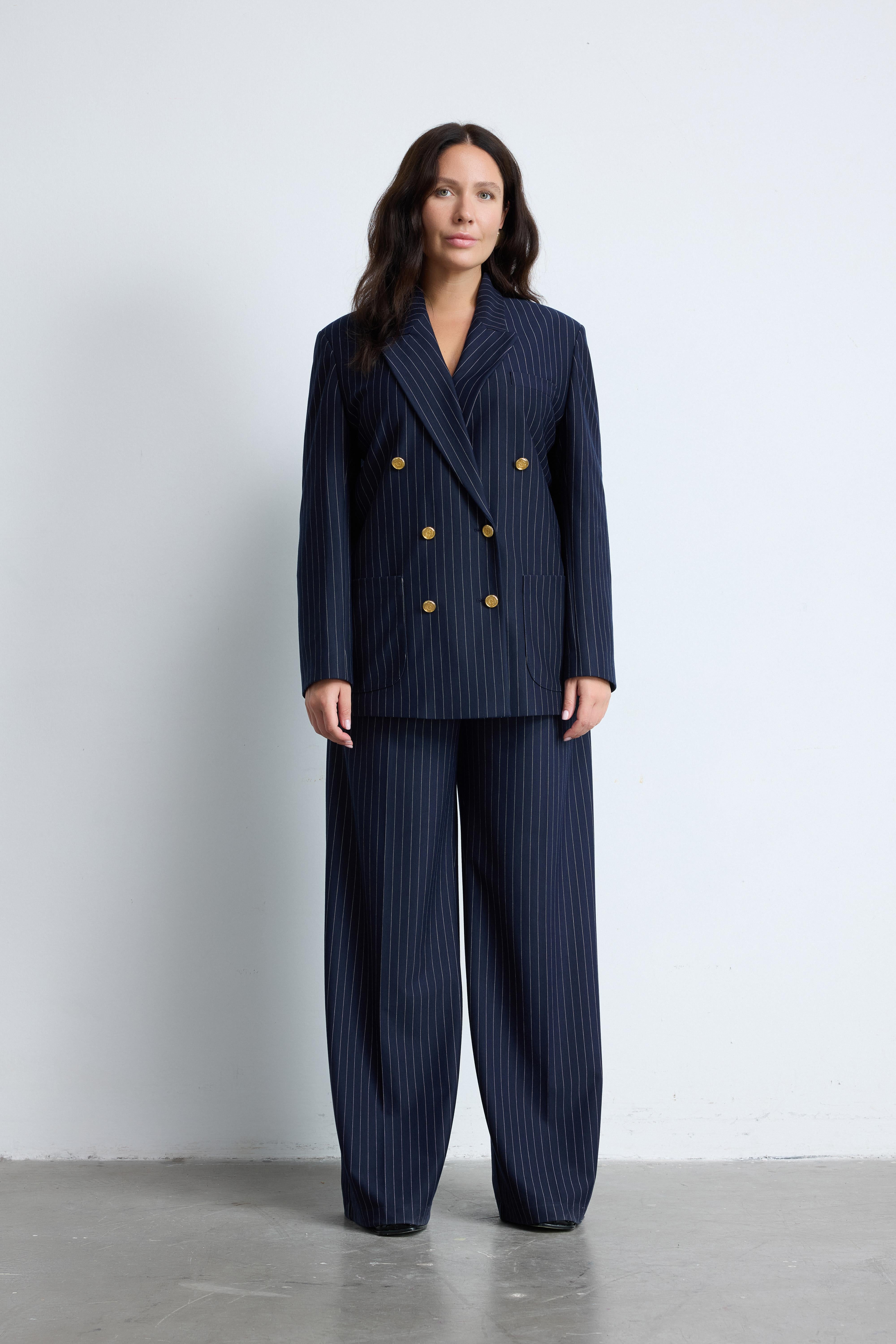 TAILORED Büyük Beden Çizgili Ceket Lacivert-Beyaz