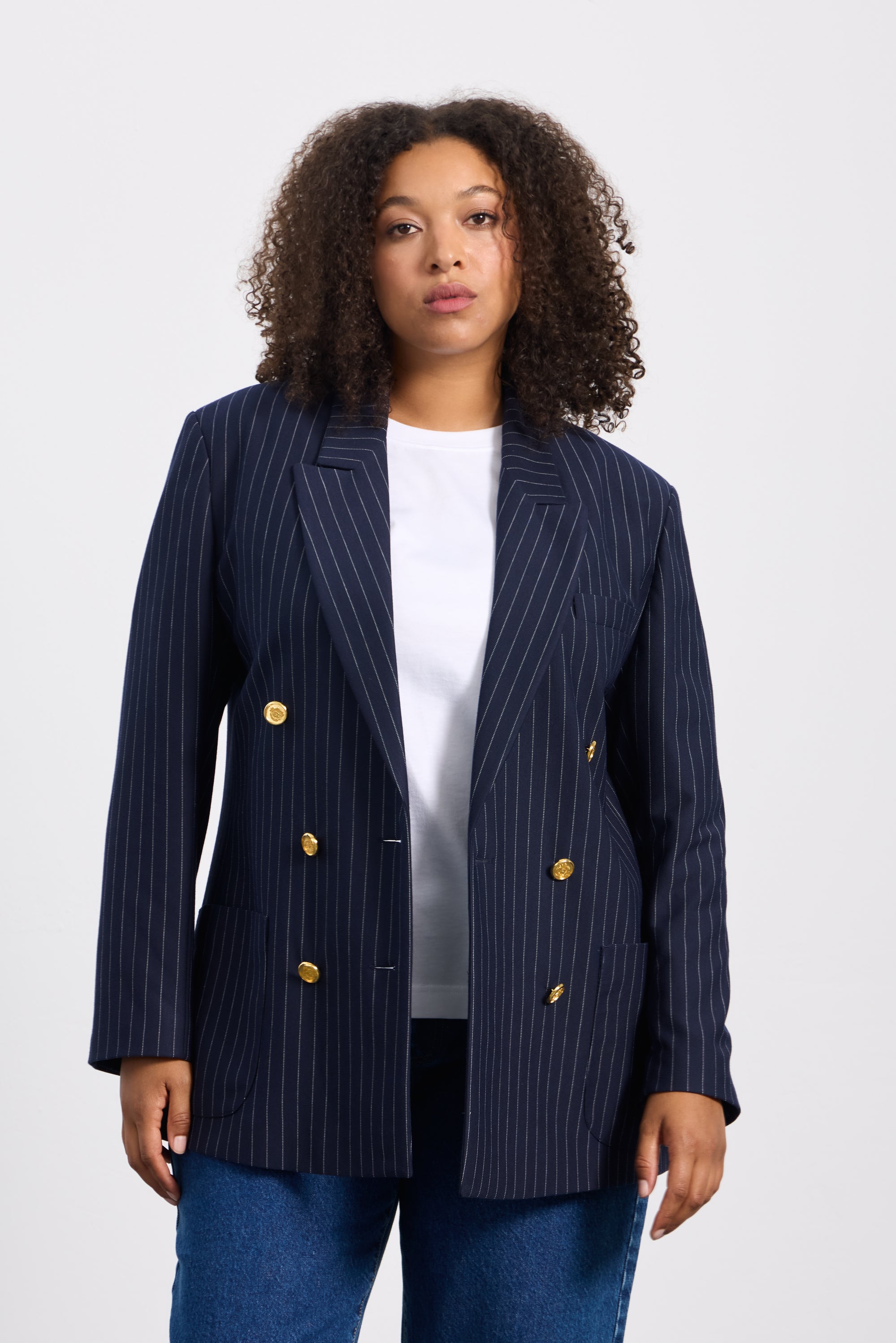 TAILOREDD Kruvaze Yaka Çizgili ceket Lacivert-Beyaz