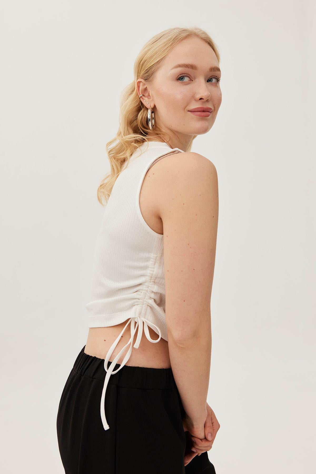 ULRIKA Büzgülü Büyük Beden Kaşkorse Crop Top  Ekru | Luokk