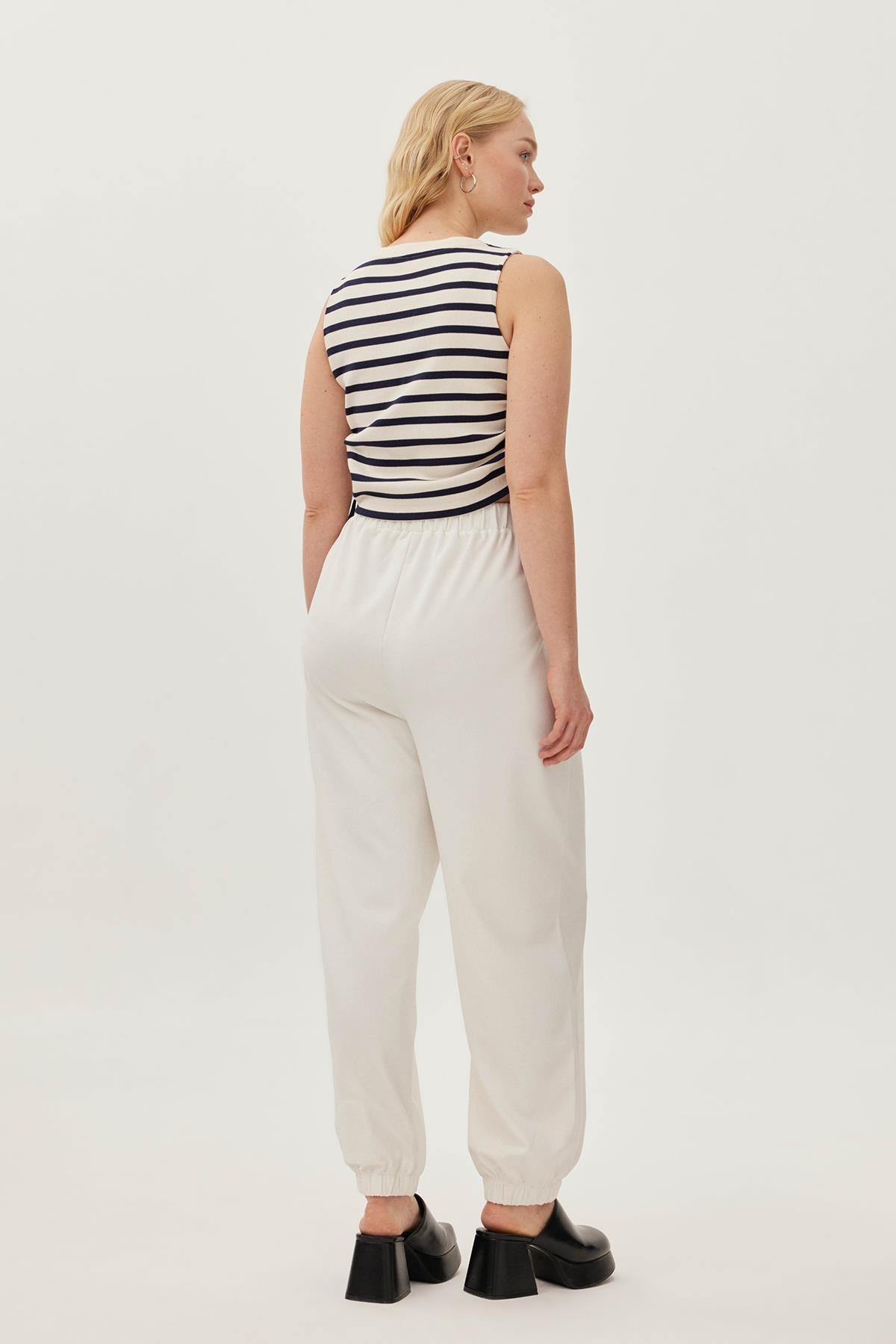 UNBOLT Büzgülü Pamuklu Büyük Beden Çizgili Kaşkorse Crop Top Ekru-Lacivert | Luokk